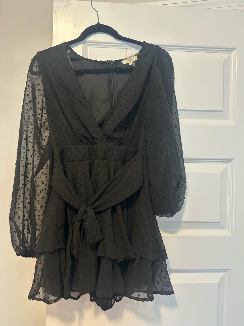 Black Swiss Dot V-Neck Tie-Waist Romper